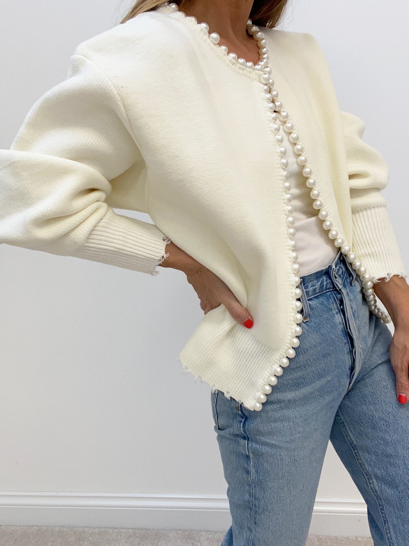 Cropped Cardigan Sweater | Soft Knit with Pearl Trim & Ripped Hem 2