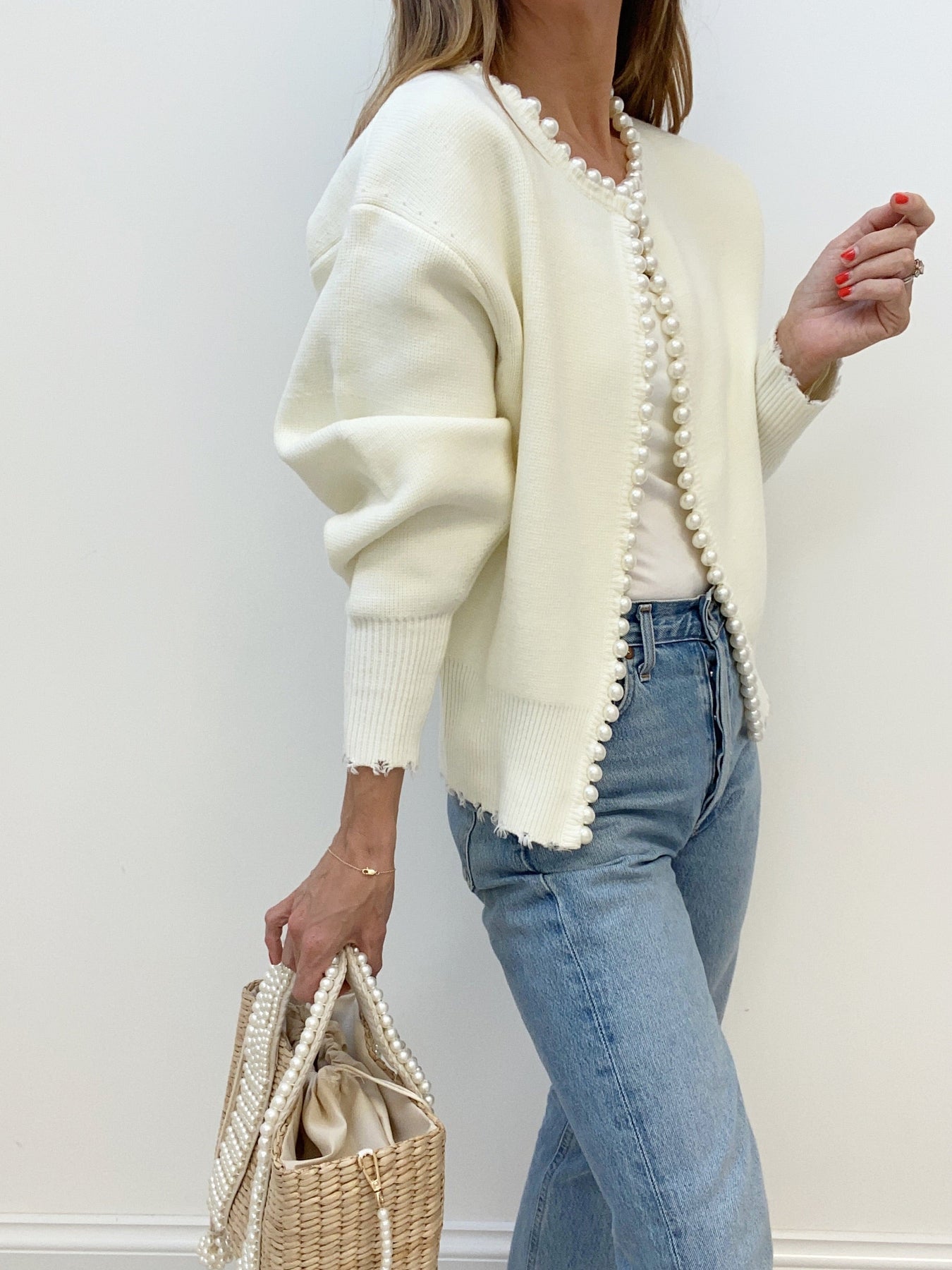 Cropped Cardigan Sweater | Soft Knit with Pearl Trim & Ripped Hem 3