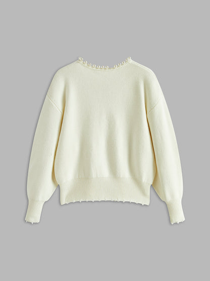 Cropped Cardigan Sweater | Soft Knit with Pearl Trim & Ripped Hem 5