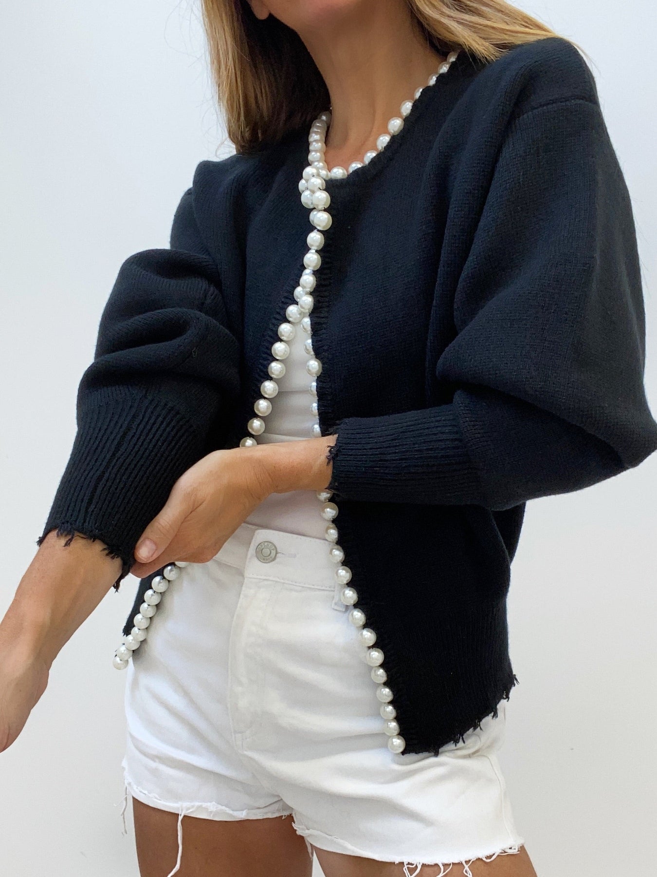 Cropped Cardigan Sweater | Soft Knit with Pearl Trim & Ripped Hem 9