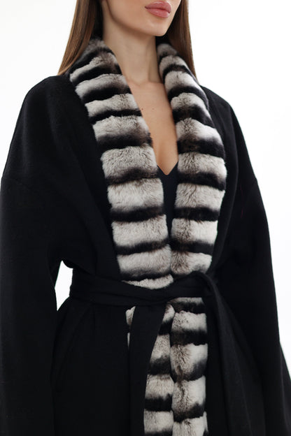 Genuine  French Orylag Fur Italian Cashmere Wool Coat 130cm