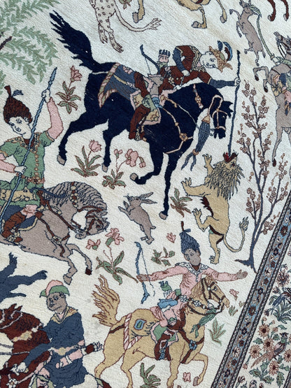 Hand-Knotted Lahore Hunting Scene Wool Rug – 8’ x 11’3” – Vintage 1950s Persian-Style Masterpiece