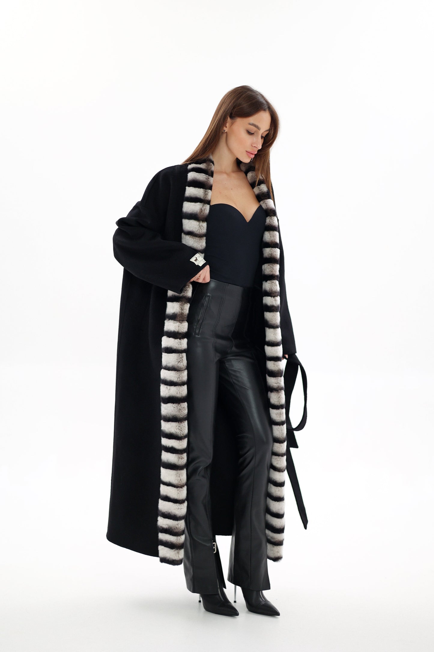 Genuine  French Orylag Fur Italian Cashmere Wool Coat 130cm