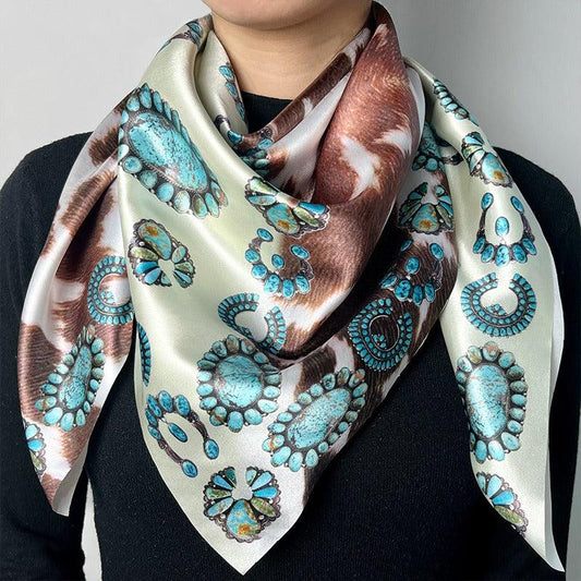 Western Style Cow Pattern Turquoise Scarf – Elegant Cowgirl Accessory