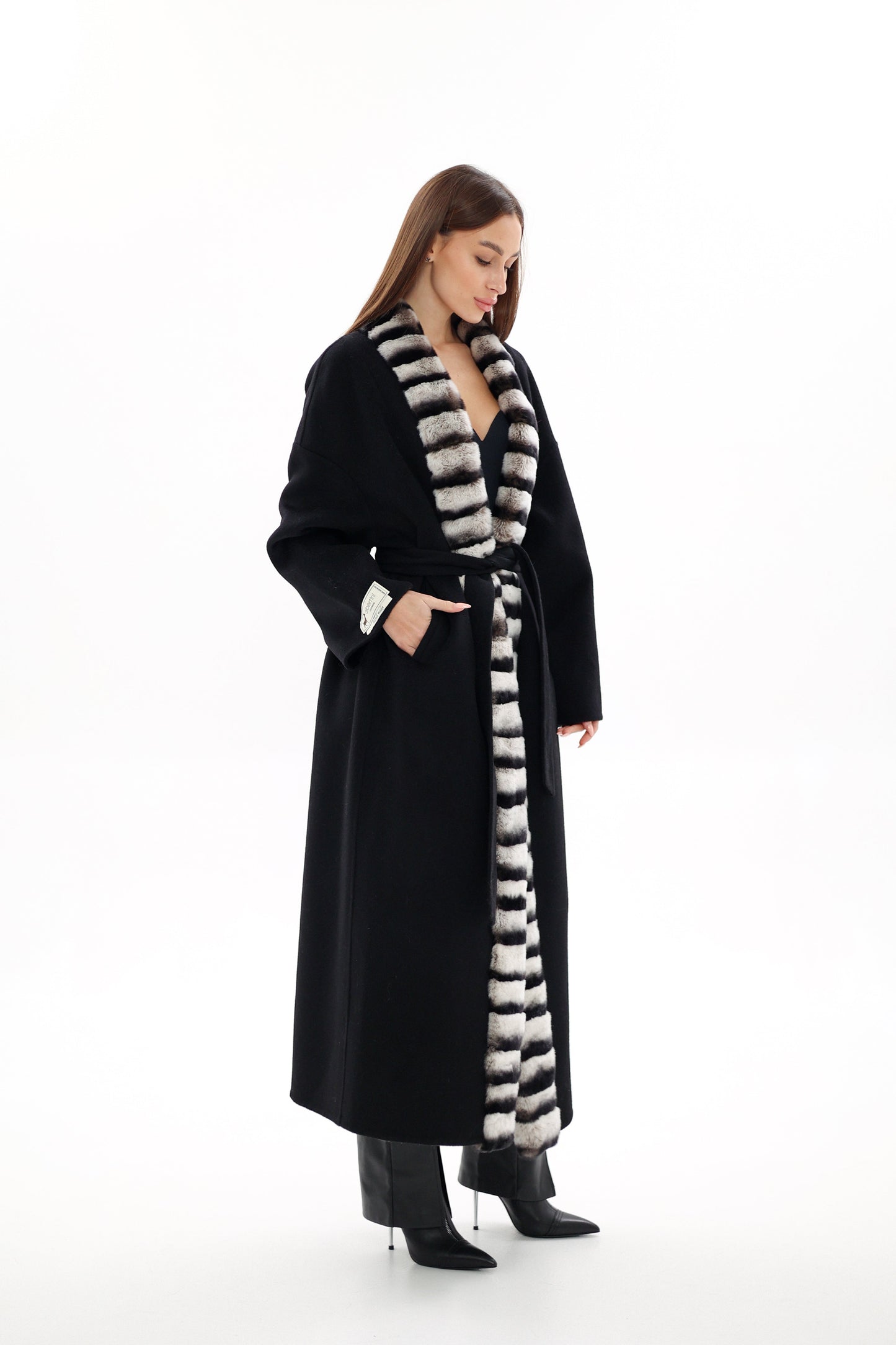 Genuine  French Orylag Fur Italian Cashmere Wool Coat 130cm