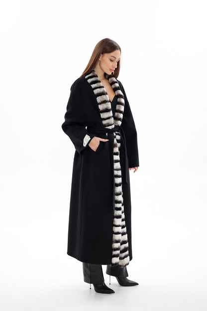Genuine  French Orylag Fur Italian Cashmere Wool Coat 130cm
