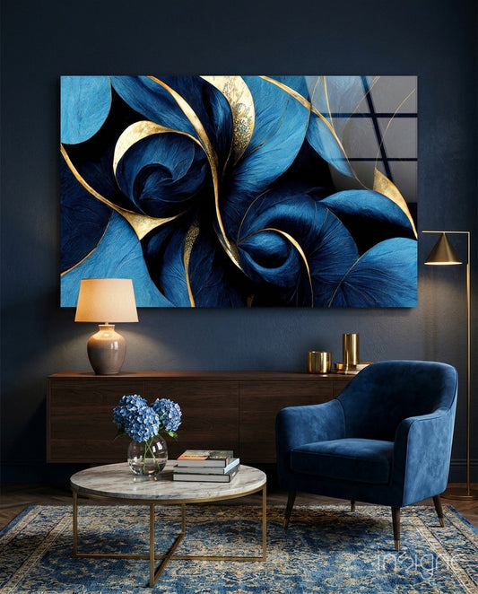 Arte de pared de vidrio con espirales de plumas de zafiro y hoja de oro
