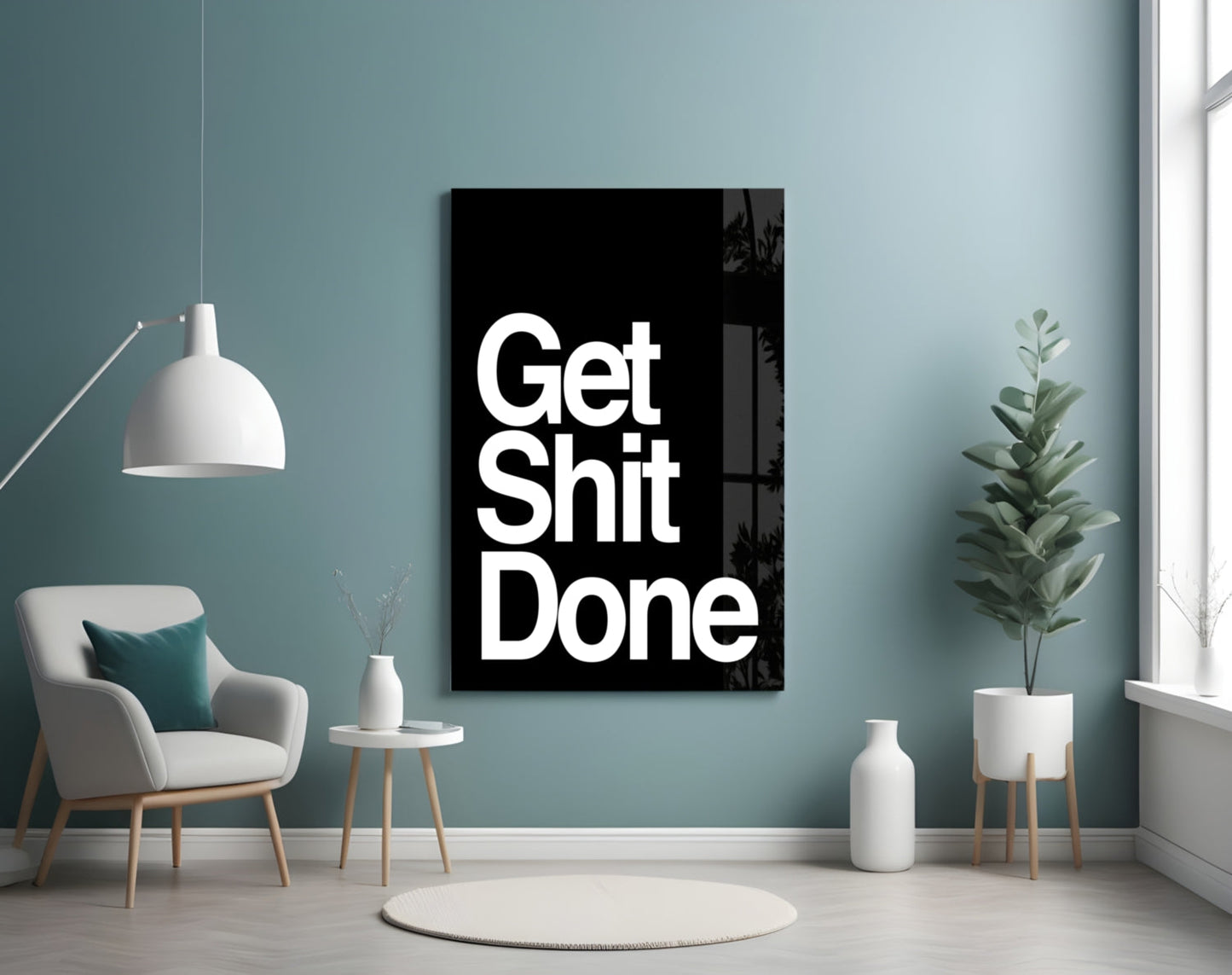 Arte de pared de vidrio negro audaz "Get Shit Done"