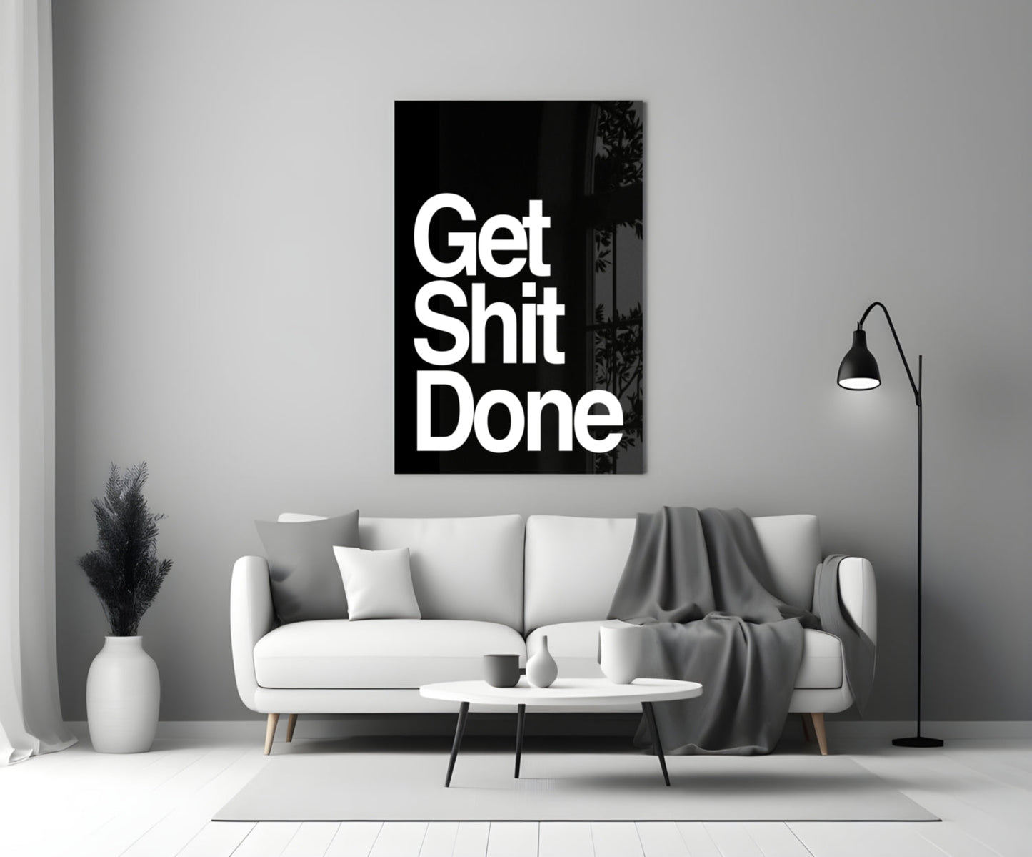 Arte de pared de vidrio negro audaz "Get Shit Done"