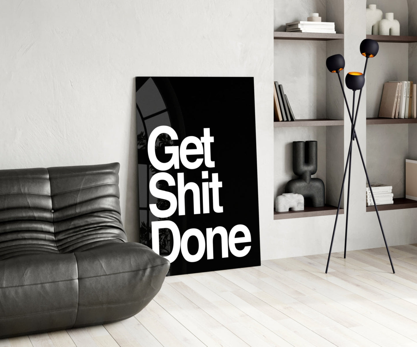 Arte de pared de vidrio negro audaz "Get Shit Done"