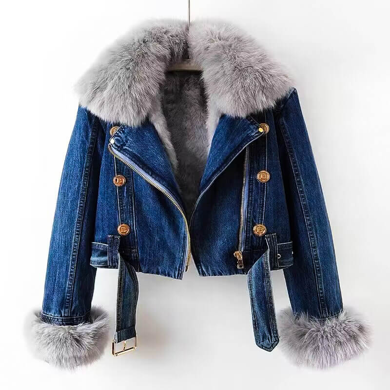 Denim Fur Jacket | Organic Denim with Plush Lining and Cropped Design 0