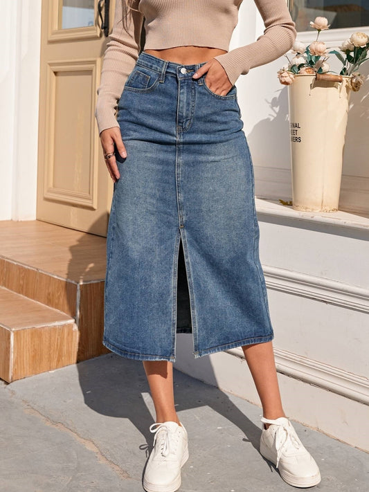 Denim Midi Skirt | High Waist Design with Chic Front Slit for Women 0