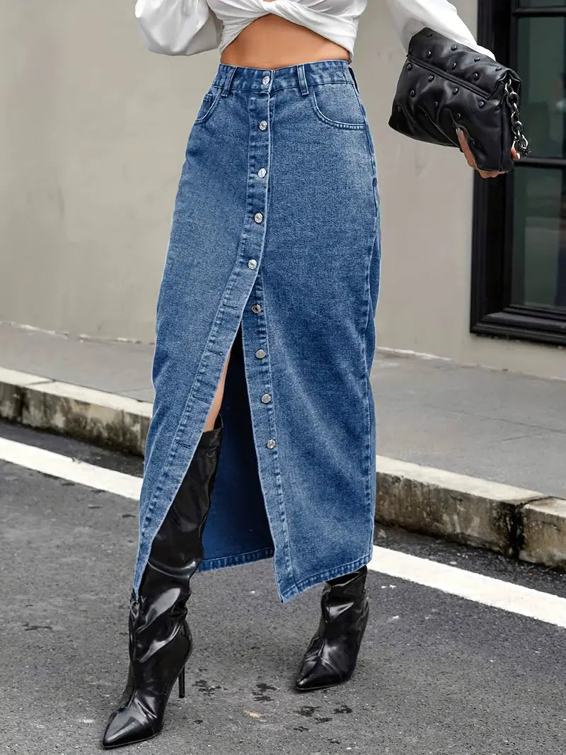 Denim Midi Skirt | High Waist with Button-Down Front and Slit 0