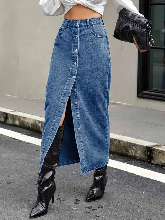 Denim Midi Skirt | High Waist with Button-Down Front and Slit 0