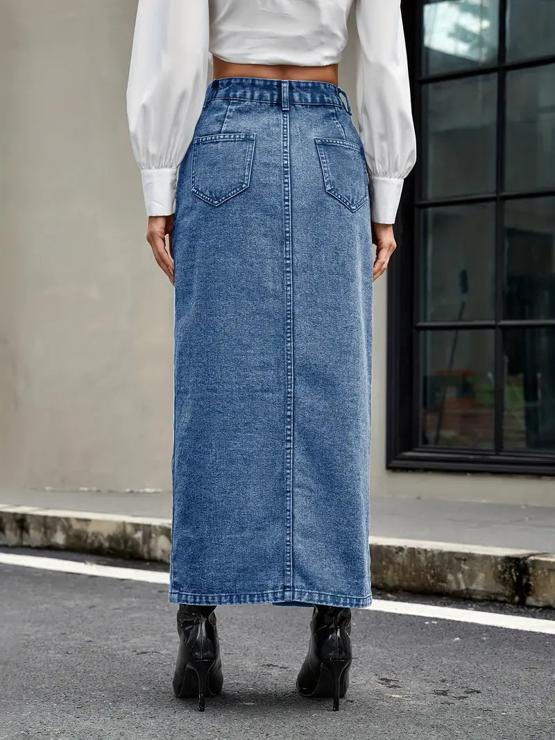 Denim Midi Skirt | High Waist with Button-Down Front and Slit 1