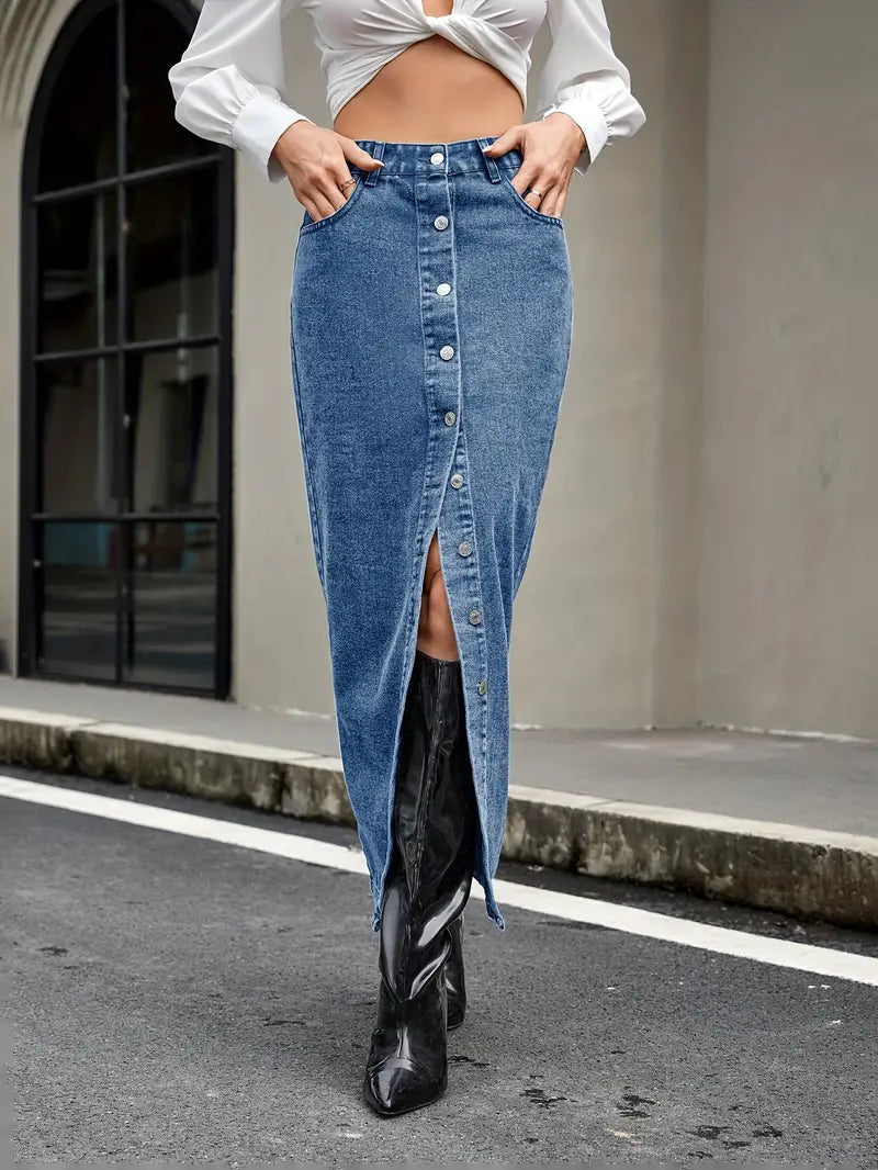 Denim Midi Skirt | High Waist with Button-Down Front and Slit 6