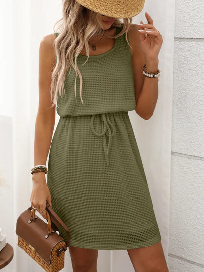 Breezy Waffle-Knit Drawstring Mini Tank Dress