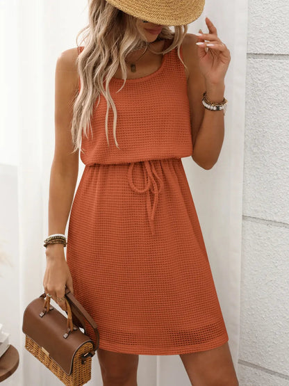 Breezy Waffle-Knit Drawstring Mini Tank Dress