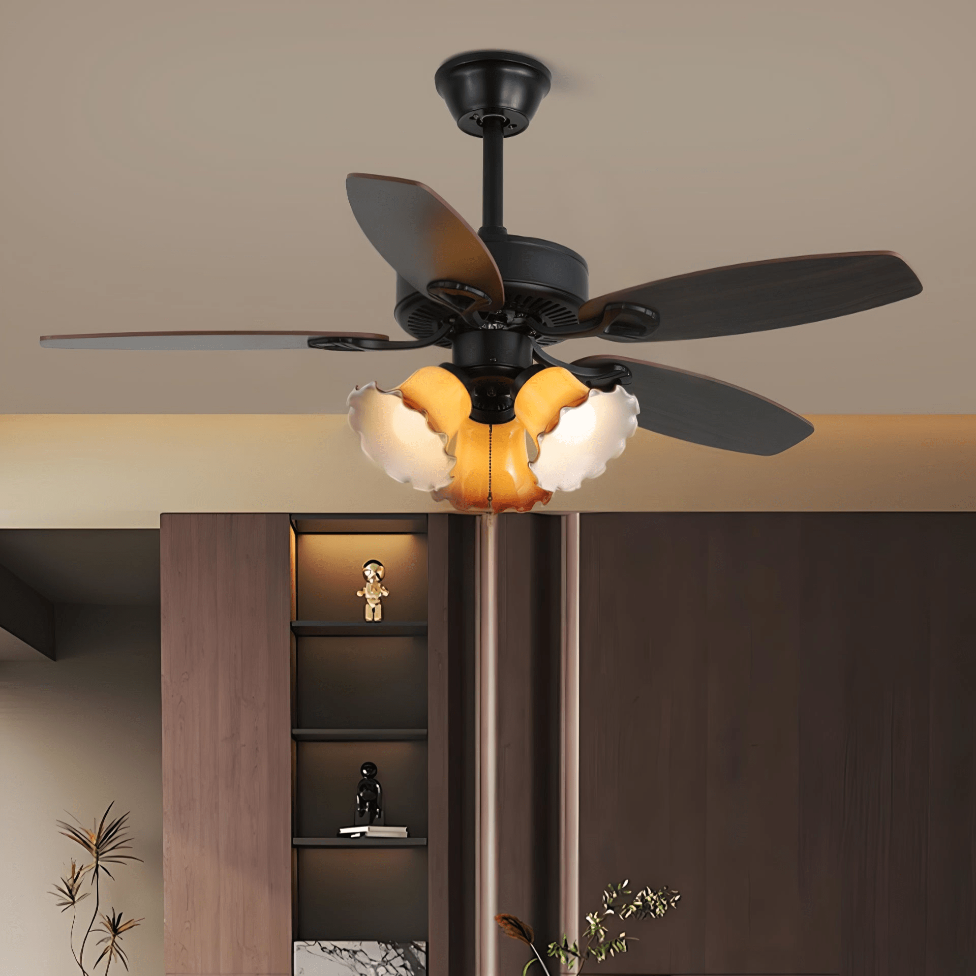 Elegant Ceiling Fan Light with Multi-Tone Glass Shades & Wooden Blades 2