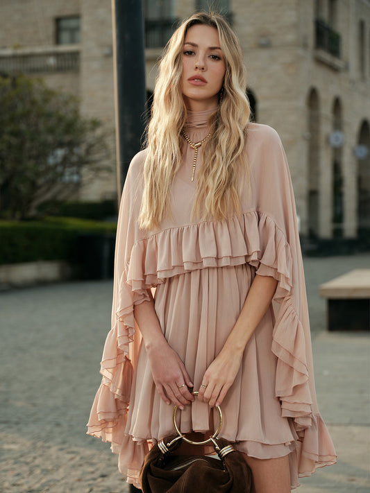 Elegant Chiffon Ruffle Mock Neck Dress | Women's Formal Cocktail Dress for Effortless Style 0