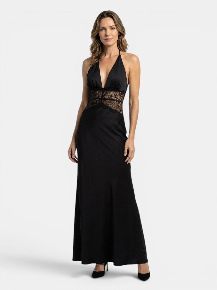 Elegant Maxi Dress | Halter Neck Design with Lace Accents 0