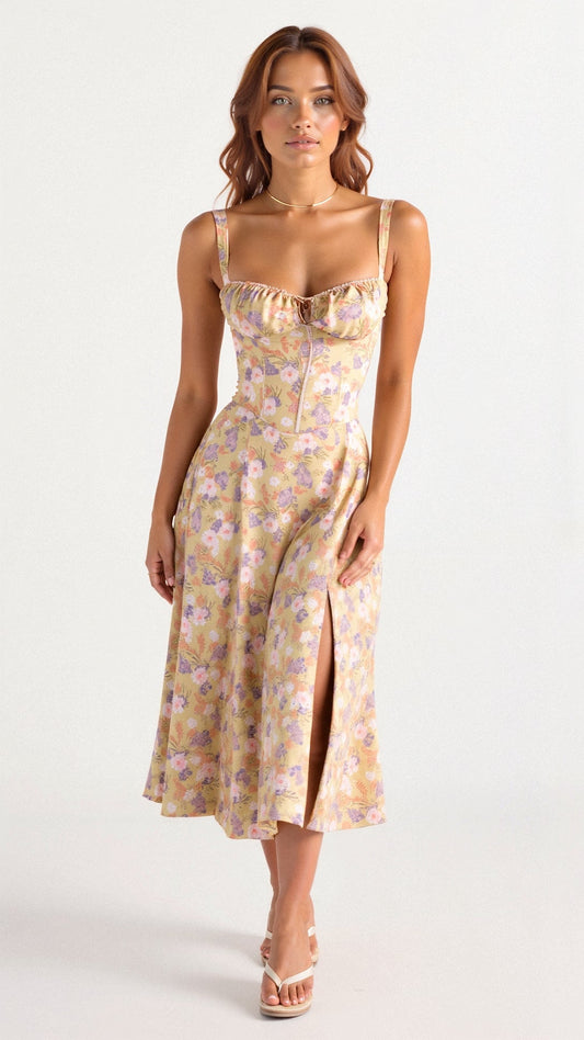 Elegant Midi Dress with Corset Top and Flowing Skirt – Perfect for Stylish Occasions 0