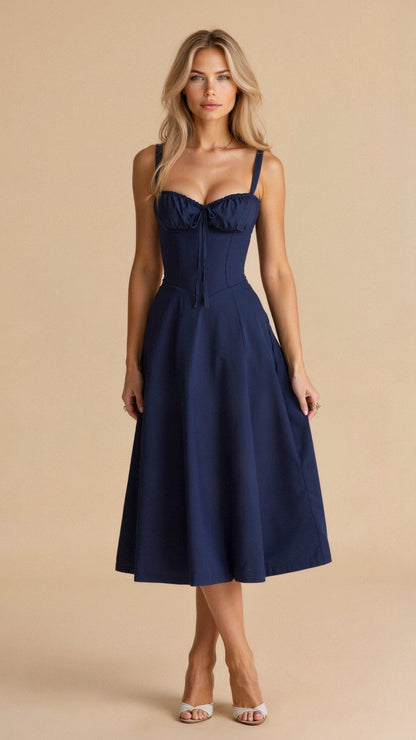 Elegant Midi Dress with Corset Top and Flowing Skirt – Perfect for Stylish Occasions 11