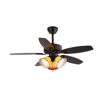 Elegant Modern Ceiling Fan Light with Wooden Blades & Amber Glass Shades 11