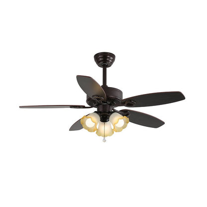 Elegant Modern Ceiling Fan Light with Wooden Blades & Amber Glass Shades 12