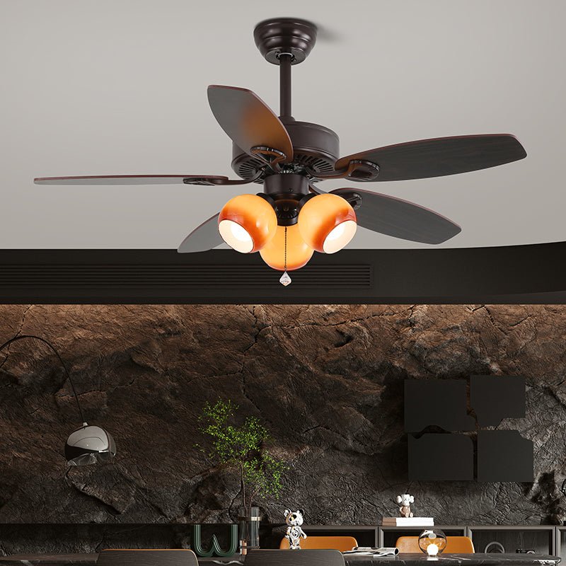 Elegant Modern Ceiling Fan Light with Wooden Blades & Amber Glass Shades 2