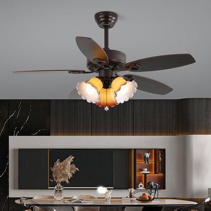Elegant Modern Ceiling Fan Light with Wooden Blades & Amber Glass Shades 3
