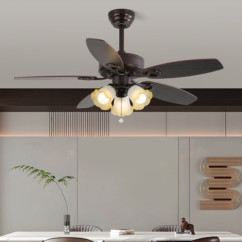Elegant Modern Ceiling Fan Light with Wooden Blades & Amber Glass Shades 4