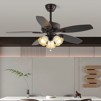 Elegant Modern Ceiling Fan Light with Wooden Blades & Amber Glass Shades 4