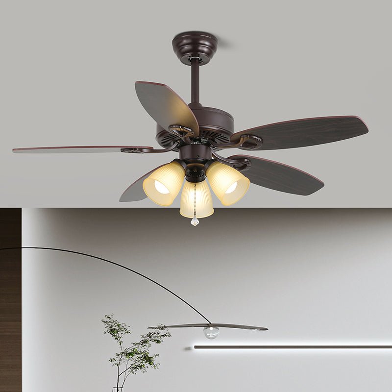 Elegant Modern Ceiling Fan Light with Wooden Blades & Amber Glass Shades 5