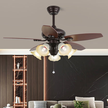 Elegant Modern Ceiling Fan Light with Wooden Blades & Amber Glass Shades 6