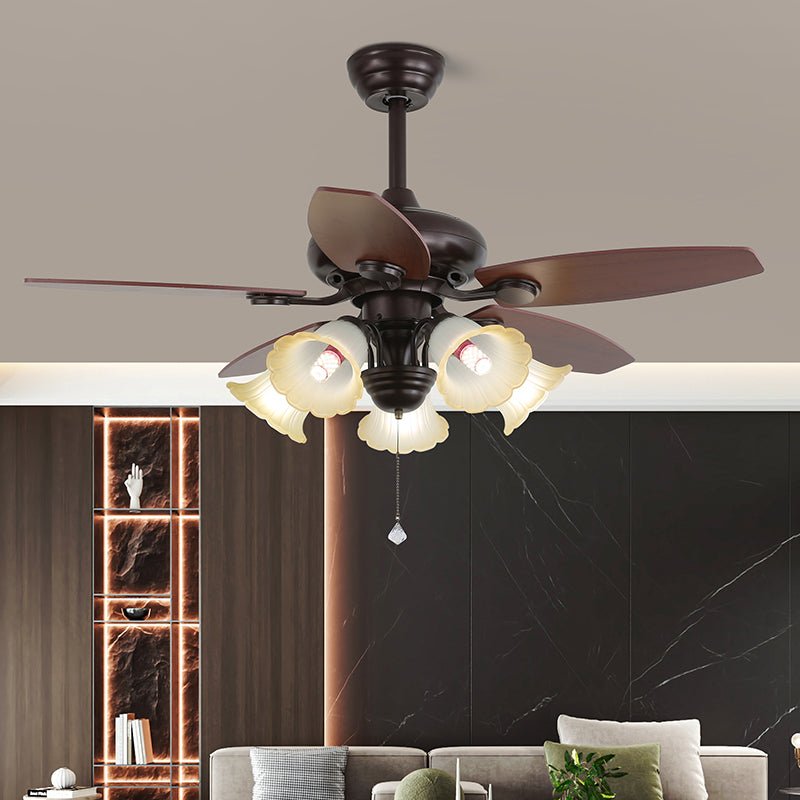Elegant Modern Ceiling Fan Light with Wooden Blades & Amber Glass Shades 7