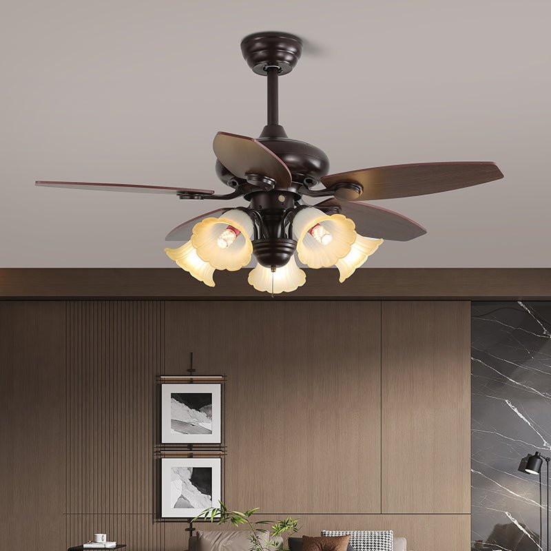 Elegant Modern Ceiling Fan Light with Wooden Blades & Amber Glass Shades 8