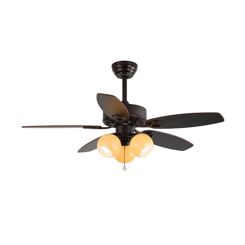 Elegant Modern Ceiling Fan Light with Wooden Blades & Amber Glass Shades 9