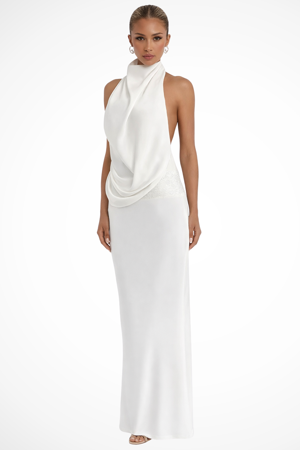 Elegant Satin Maxi Dress | Draped Halter Neck Design 0