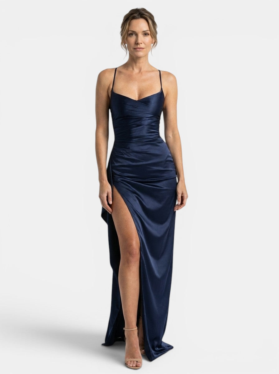 Elegant Satin Maxi Dress | Ruched Design with High Slit 0