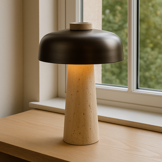 Elegant Table Lamp | Sculptural Travertine Base with Metal Shade for Bedroom or Living Room 0