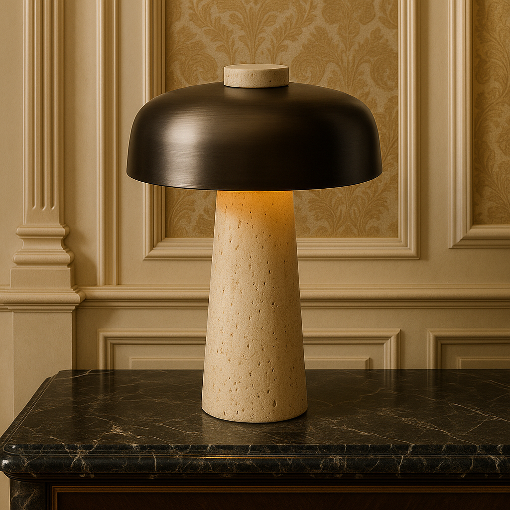 Elegant Table Lamp | Sculptural Travertine Base with Metal Shade for Bedroom or Living Room 1