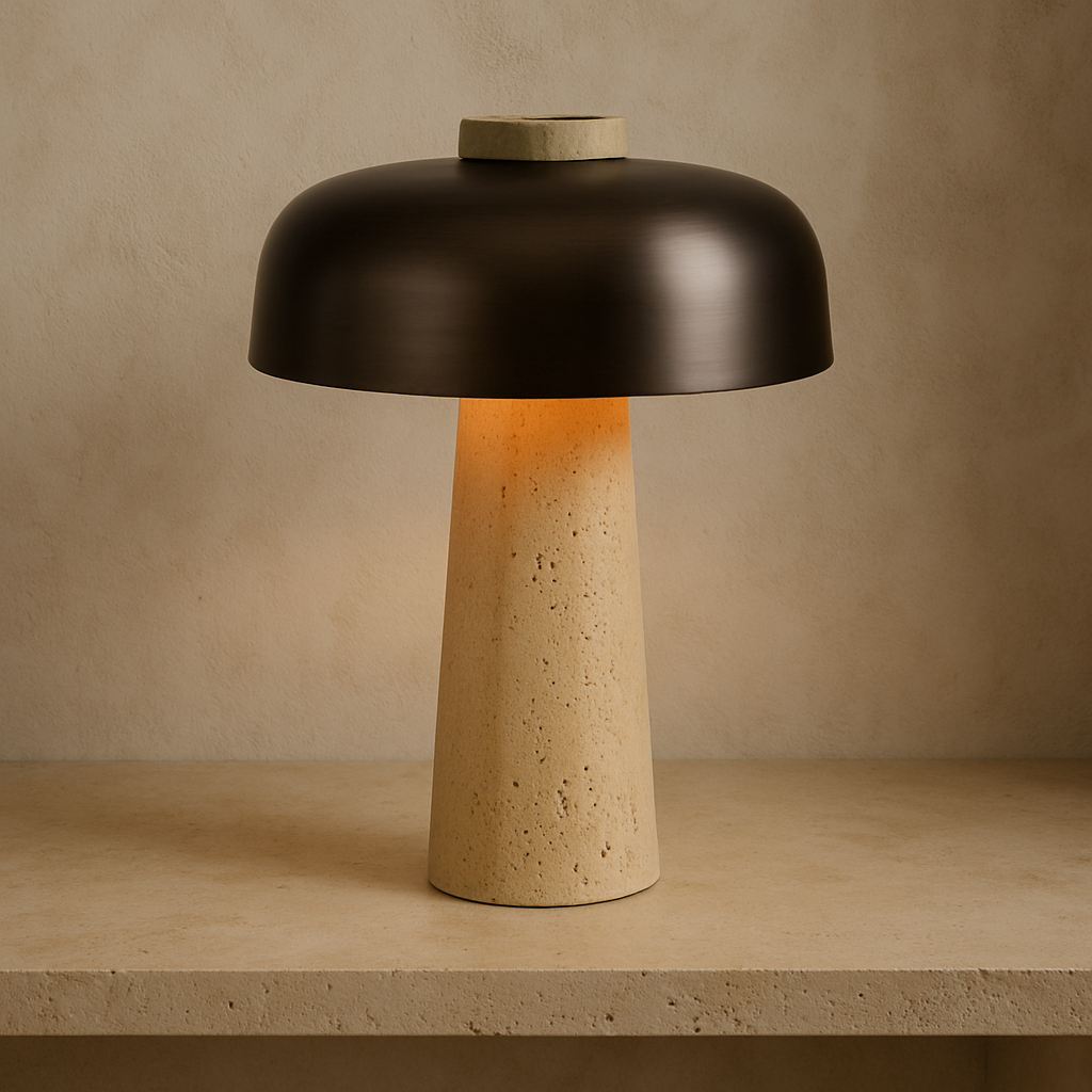 Elegant Table Lamp | Sculptural Travertine Base with Metal Shade for Bedroom or Living Room 2