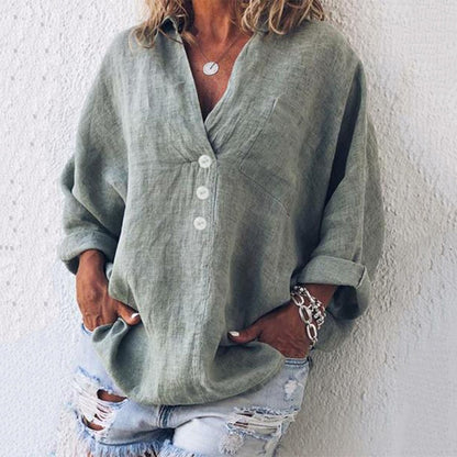 Elegant Urban | Women's Blouse, Oversized Linen Shirt with V-Neck & Button Front 0