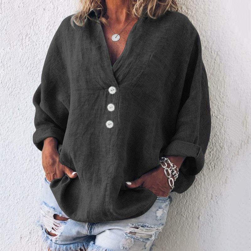 Elegant Urban | Women's Blouse, Oversized Linen Shirt with V-Neck & Button Front 4