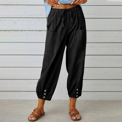 Elegant Urban | Women's Cropped Pants - Cotton Linen Blend with Drawstring Waist 0