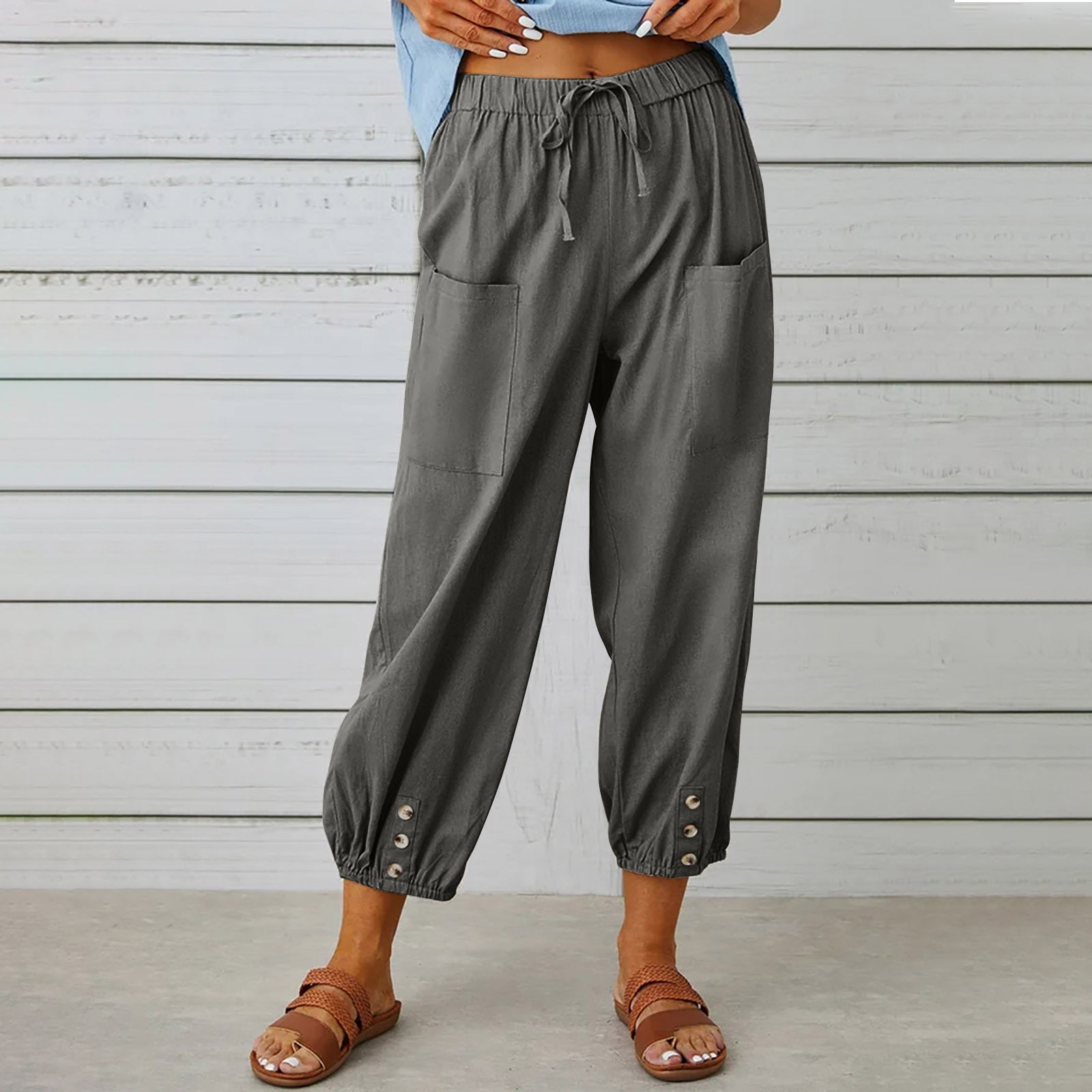 Elegant Urban | Women's Cropped Pants - Cotton Linen Blend with Drawstring Waist 2