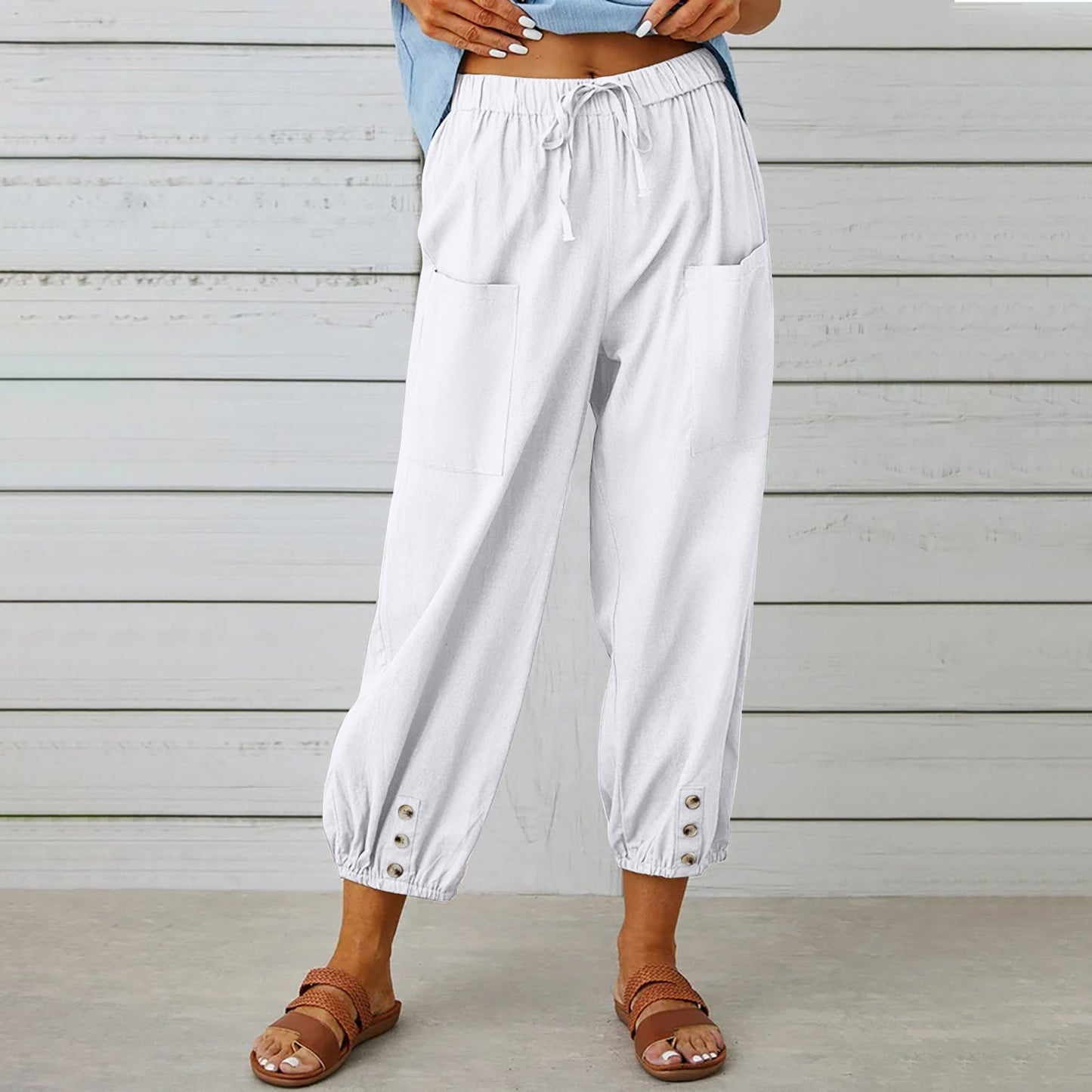 Elegant Urban | Women's Cropped Pants - Cotton Linen Blend with Drawstring Waist 3