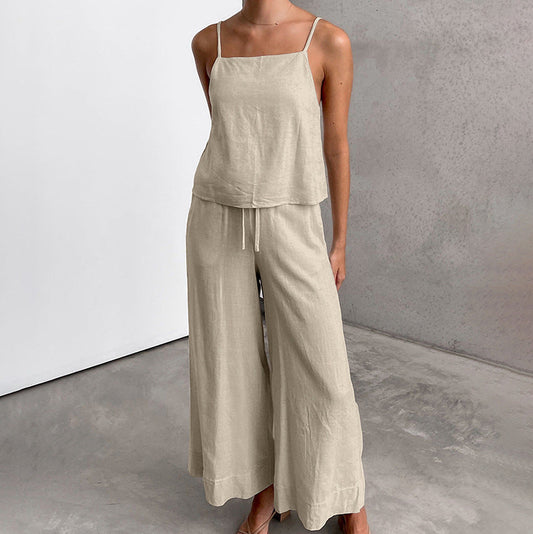 Elegant Urban | Women's Linen Two Piece Set with Spaghetti Strap Top & Wide-Leg Trousers 0