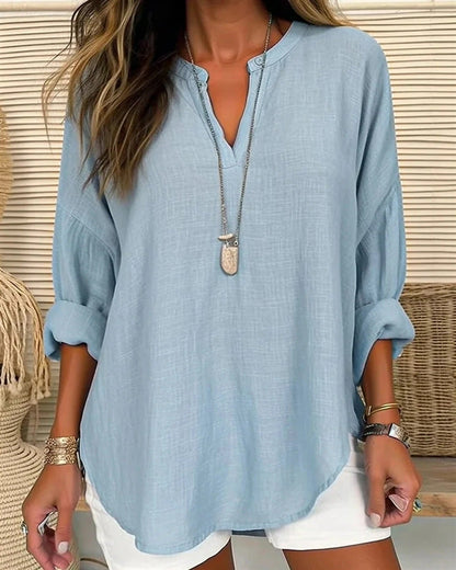 Elegant Urban | Women's Long Sleeve Cotton Linen Blend Shirt with Stand Collar 1